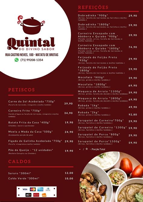 Carta Del Restaurante Quintal Do Divino Sabor Salvador Del Bahia