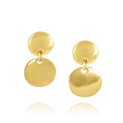 Smooth Yellow Gold Disc Double Drop Earrings Van Peterson London