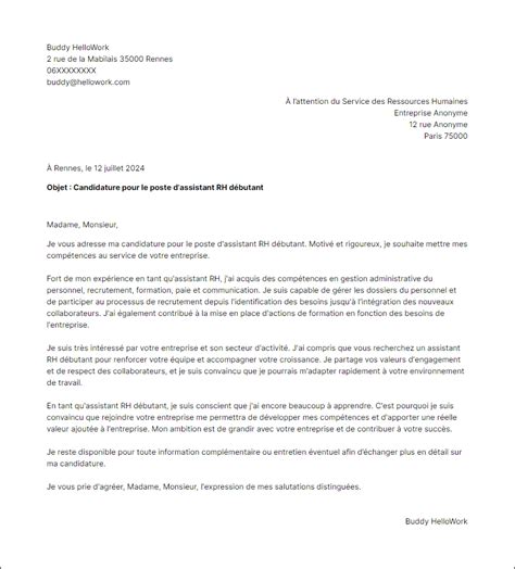 Exemple Lettre De Motivation Assistant Rh Debutant Hellowork