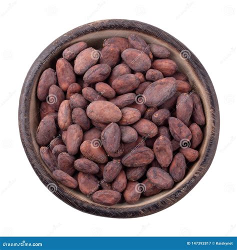 Cocoa Fruit In A Wooden Bowl Raw Cacao Beans Isolated On A White