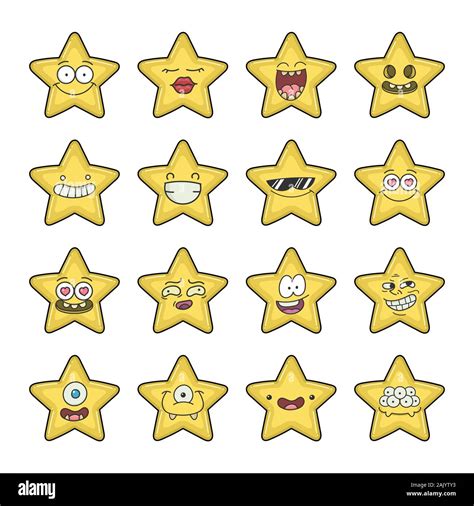 Collection Of Yellow Stars Emoticons Cartoons Isolated On White Stock