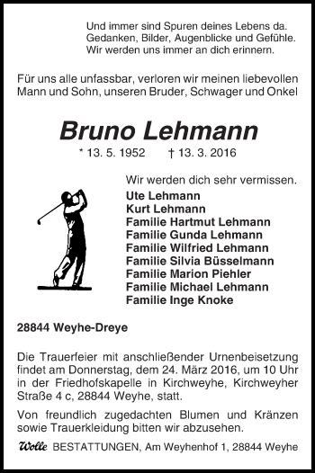 Traueranzeigen Von Bruno Lehmann Trauer Gedenken