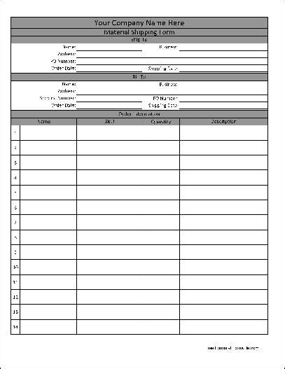 Free Personalized Detailed Wide Numbered Row Material Shipping Form