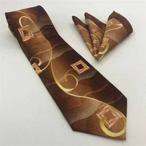 Gold And Brown Squares Abstract Design Necktie With Pocket Square Vintage