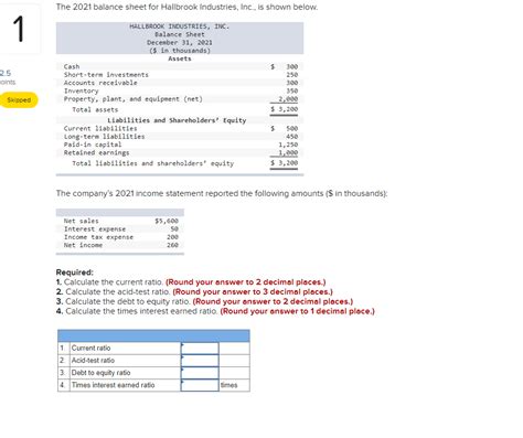 Solved The Balance Sheet For Hallbrook Industries Chegg