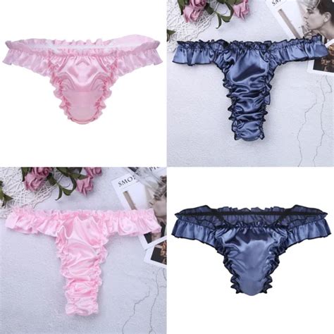 SISSY STRING SLIP Homme Sexy Satin Dentelle Tange Taille Basse Sous Vêtement Gay EUR