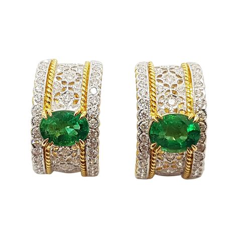 Emerald with Diamond Earrings Set in 18 Karat Gold Settings For Sale at