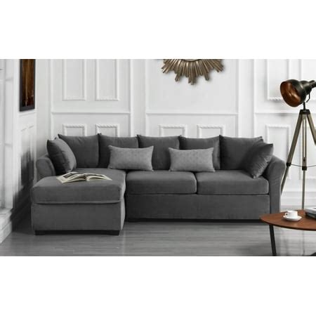 Classic L-Shape Couch Large Velvet Sectional Sofa with Extra Wide Chaise Lounge, Light Grey ...