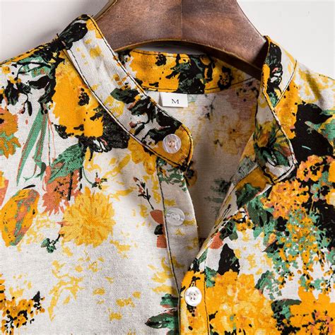 Mens Summer Floral Printed Turn Down Collar Casual Shirts