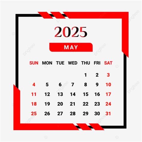 Calendario Del Mes De Mayo De 2025 Con Estilo único Rojo Y Negro Vector