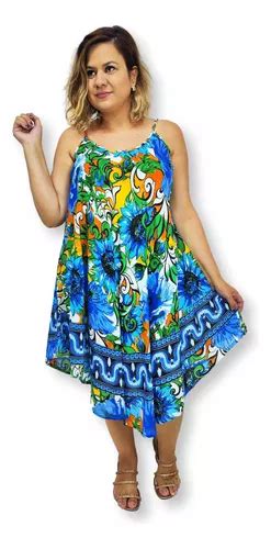 Vestido Curto Indiano Trapézio Alça Plus Size Estampa Floral