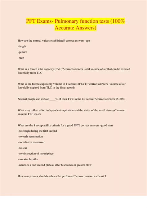 PFT Exams Pulmonary Function Tests 100 Accurate Answers PFT