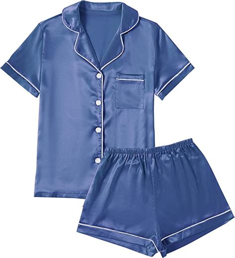 Lyaner Womens Satin Pajamas Set Short Sleeve Button Shirt Sleepwear