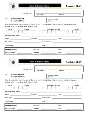 Fillable Online Docushare Otago Ac Bank Authority Form P Unit Hrmis