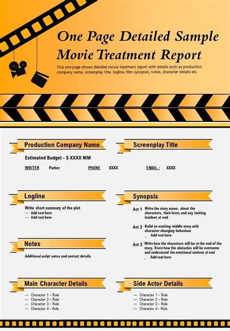 One Page Detailed Sample Movie Treatment Report Presentation Report