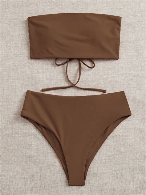 Coffee Brown Sexy Collar Plain Embellished High Stretch Women Beachwear