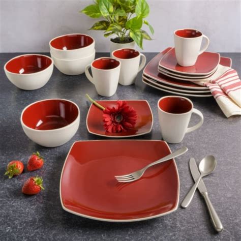 Gibson Soho Lounge White Square Piece Dinnerware Set Red Service