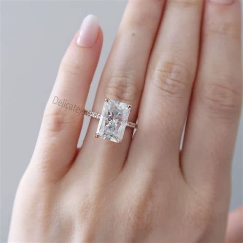 Elongated Radiant Cut Moissanite Engagement Ring Hidden Halo Etsy