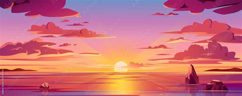 Panorama Of Sea Sunset Or Ocean Sunrise Vector Illustration Of Water