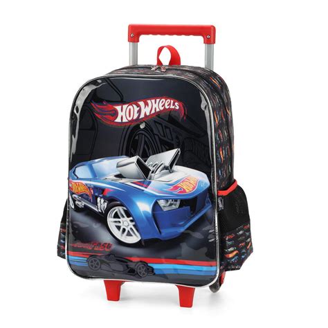 Kit Mochila De Rodinha Hot Wheels Preta Lancheira Estojo Papelaria Pigmeu