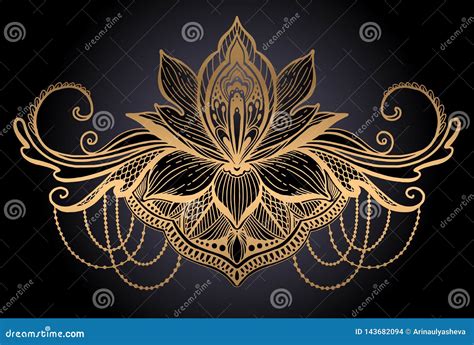 Lotus Flower Ethnic Symbol. Gold Gradient Color in Black Background.Tattoo Design Motif ...