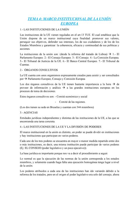 Estudio TEMA 4 Europeo TEMA 4 MARCO INSTITUCIONAL DE LA UNIÓN