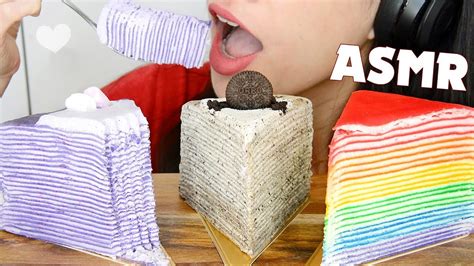 Asmr Crepe Cake Taro Oreo Rainbow Sticky Eating Sounds No Talking Youtube