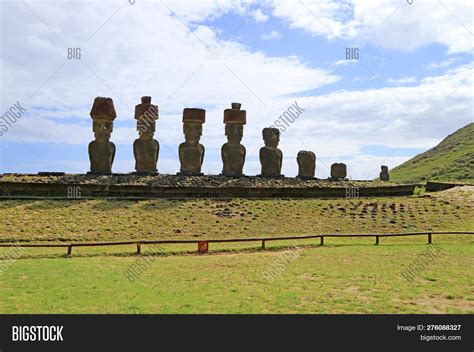 Seven Moai Statues Of Ahu Nau Nau With Single Moai Of Ahu Ature Huki In