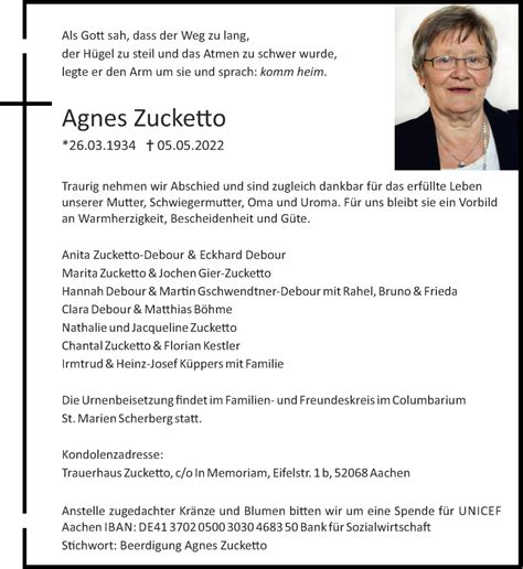 Traueranzeigen Von Agnes Zucketto Aachen Gedenkt