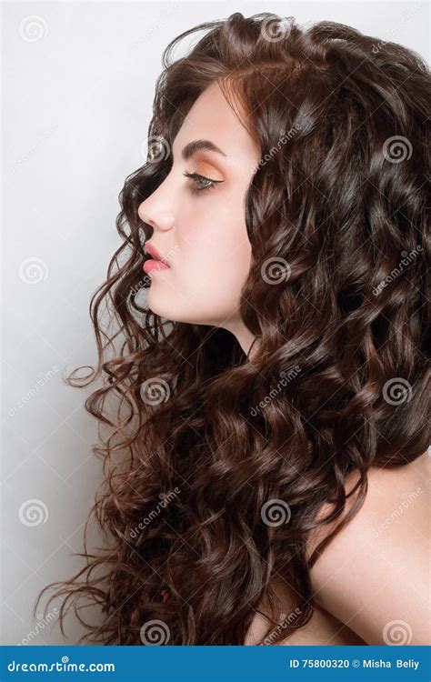 Woman With Beauty Long Brown Hair Posing At Studio Stock Photo