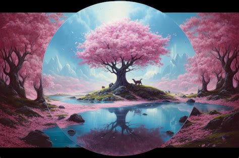 Premium AI Image | A painting of a tree with a pink tree on it