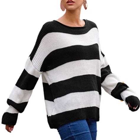 Black And White Striped Sweaters For Women Oversized Casual Long Sleeve