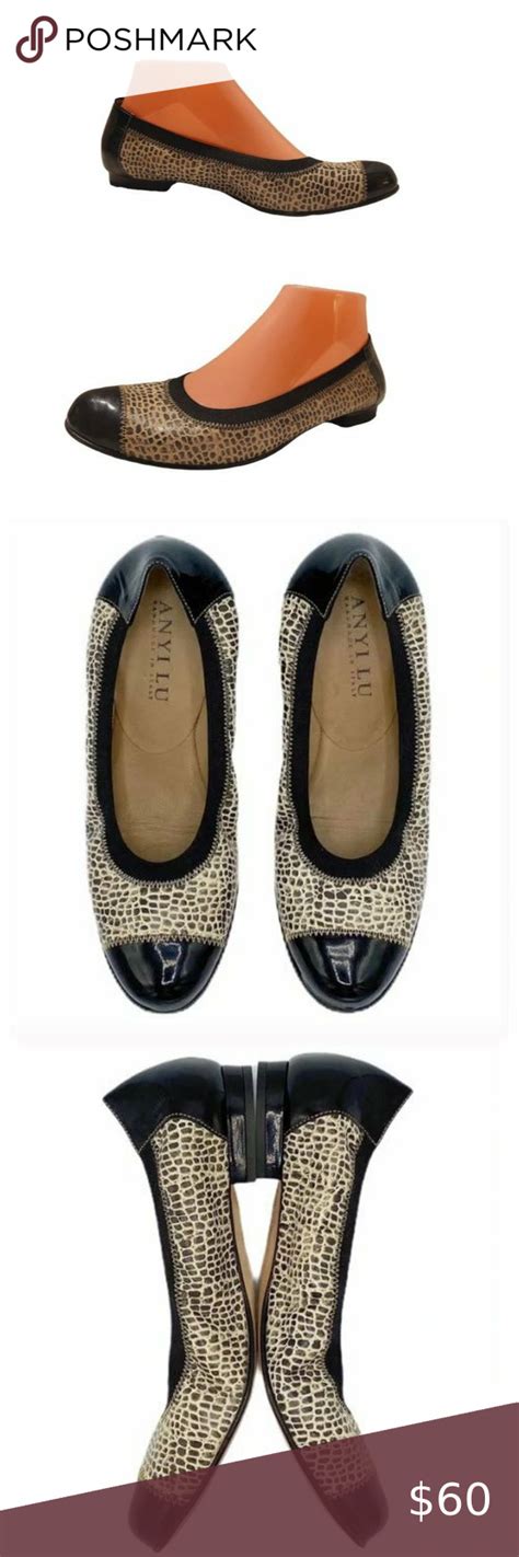 Anyi Lu Snakeskin Print With Black Cap Toe Ballet Flat Size M Black