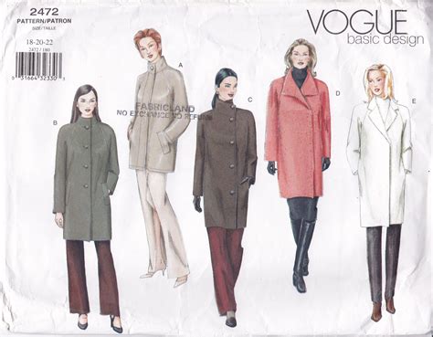 Vogue 2472 Sewing Pattern Basic Design Asymmetrical Coat Jacket Misses Size 18 20 22 Bust 40 42