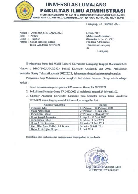 Surat Edaran Pelaksanaan Perkuliahan Semester Genap Tahun Akademik 20222023 Fakultas Ilmu