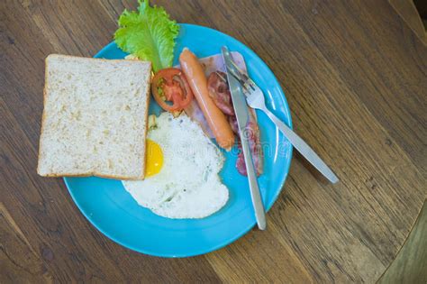 Breakfast With Fried Egg Ham Sausage Toast Stock Image Image Of