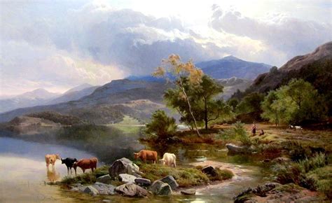 Highland Cattle By The Lochside Painting Sidney Richard Percy Oil