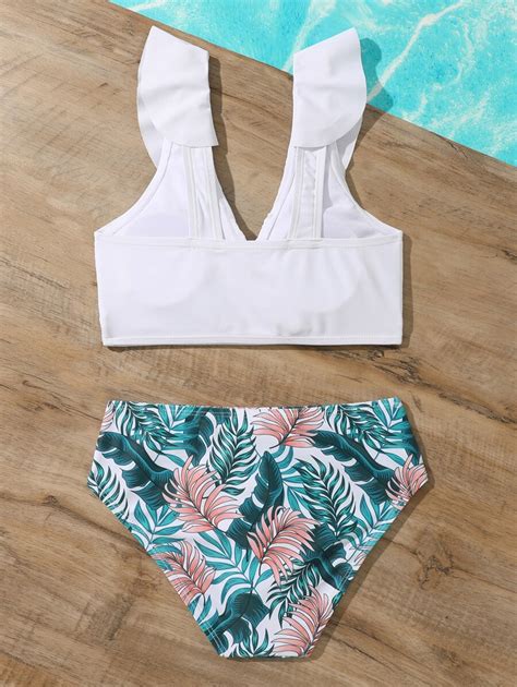 Conjunto de bikini con estampado tropical y volantes para niña preadolescente ideal para playa