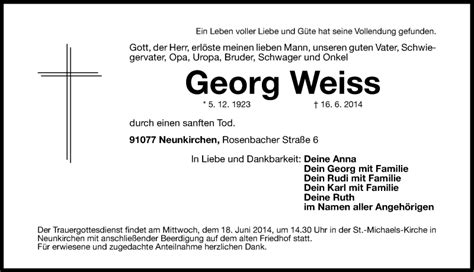 Traueranzeigen Von Georg Weiss Trauer Nn De