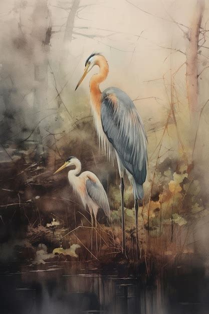 Premium Photo Painting Of Two Birds Standing In A Swamp With Water