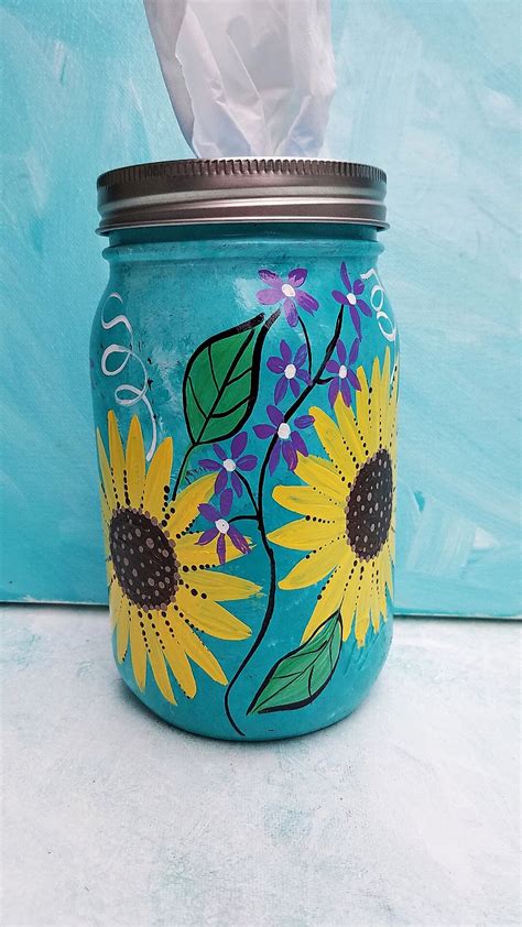 Hand Painted Mason Jar Tissue Holder Sunflowers Blue Quart Etsy