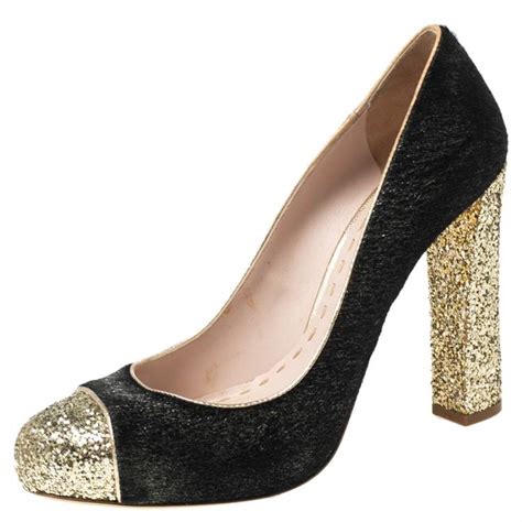 Miu Miu Blackgold Calf Hair And Coarse Glitter Cap Toe Block Heel