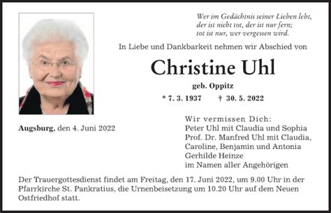 Traueranzeigen Von Christine Uhl Augsburger Allgemeine Zeitung