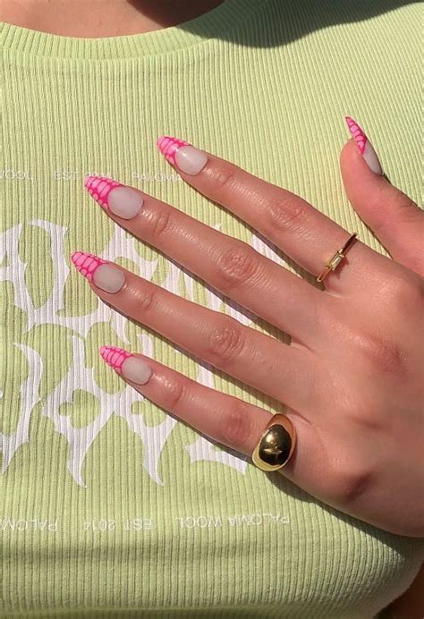 40 Cute And Coloured French Tip Nails Pink Snakeskin French Almond Nails