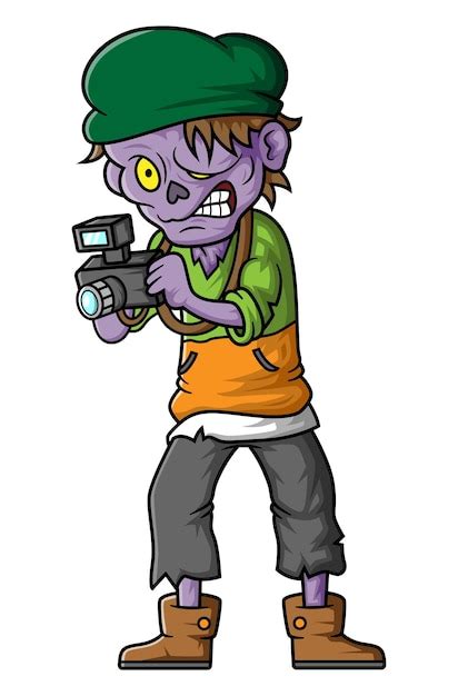 Espeluznante personaje de dibujos animados de fotógrafo zombie sobre