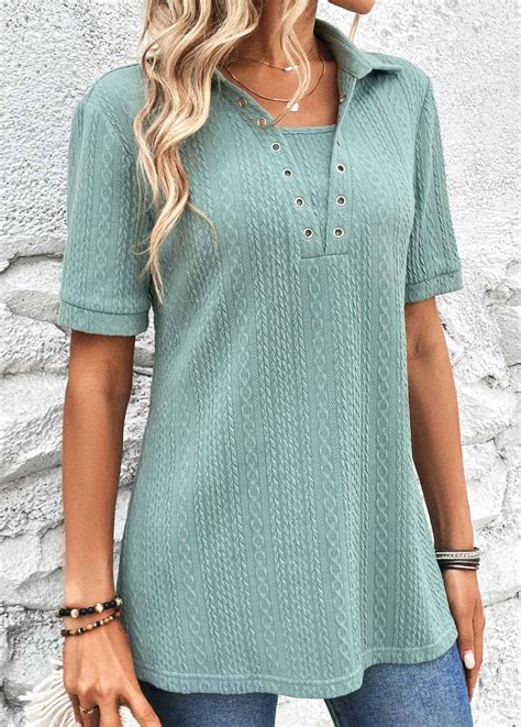 Rotita Eyelet Mint Green Shirt Collar Short Sleeve Blouse