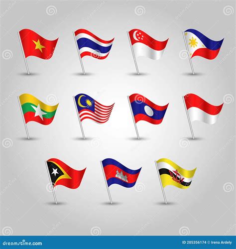 Vector Set Waving Flags Southeast Asia On Silver Pole Icon Of States