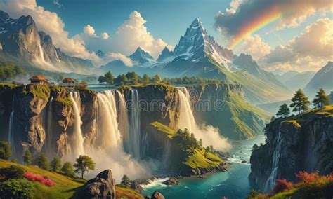 A Painting Of A Waterfall Surrounded By Mountains And A Rainbow Stock