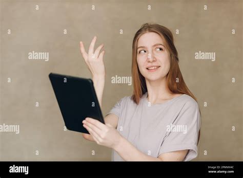 Portrait Of Young Student Actress Learning Role Woman With Digital