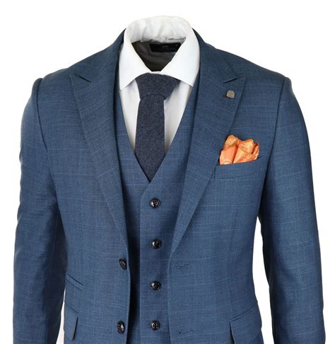 Mens Piece Prince Of Wales Check Suit Blue Classic Light Tailored Fit